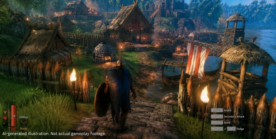 AI-generated addictive games Valheim-style gameplay showing a Viking settlement with timber halls, palisades, a stone keep, a longship, and the game HUD.