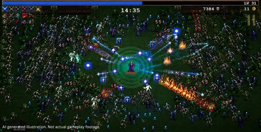 AI-generated addictive games Vampire Survivors-style gameplay showing a purple-robed hero surrounded by skeletons, monsters, glowing attacks, damage numbers, and collectible gems.