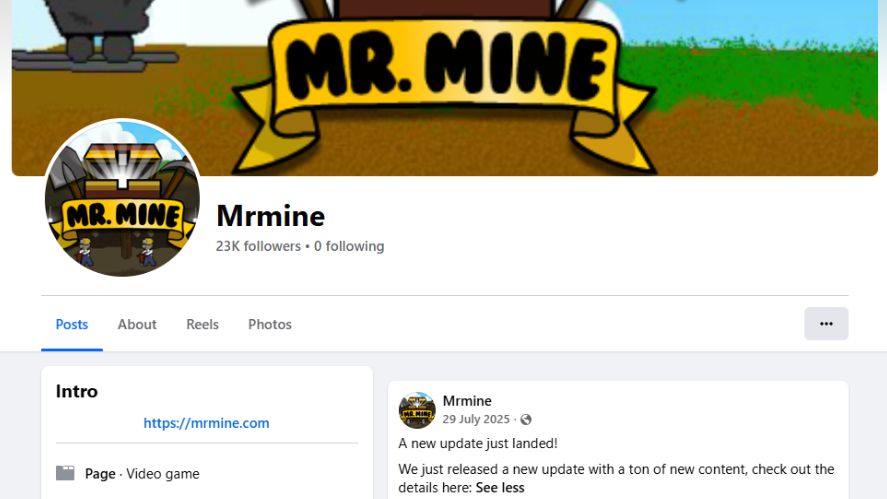 Facebook page profile for Mr. Mine featuring the game's logo, link to mrmine.com, and an update announcement post from July 2025.