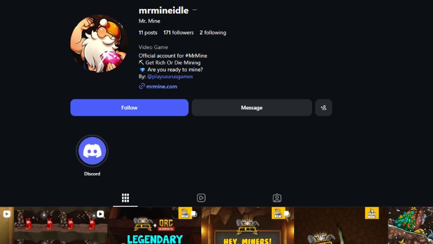 Instagram profile page for the idle video game Mr. Mine (@mrmineidle), displaying account details, a Discord link, and recent post thumbnails.