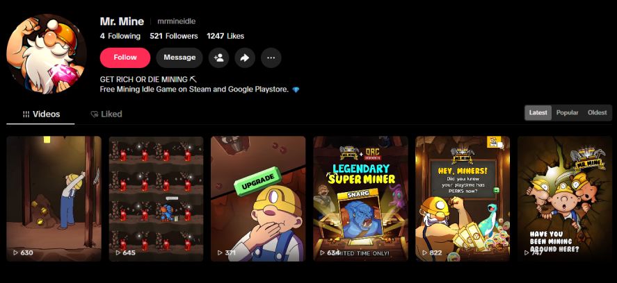 TikTok profile page for Mr. Mine (@mrmineidle) showing the account overview, follower count, bio, and video grid thumbnails.