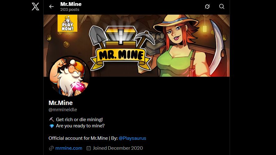 X profile page for Mr. Mine (@mrmineidle) showing banner artwork of a miner character, bio details, and join date.