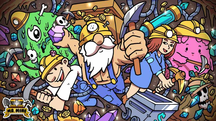 Colorful promotional illustration for Mr. Mine featuring cartoon miner characters, a green slime creature, gems, gold coins, and a minecart surrounded by underground treasure.
