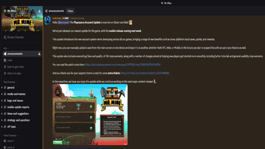 Discord showing the official Mr. Mine server announcements channel detailing an update regarding Playsaurus accounts and cross-platform cloud saves.