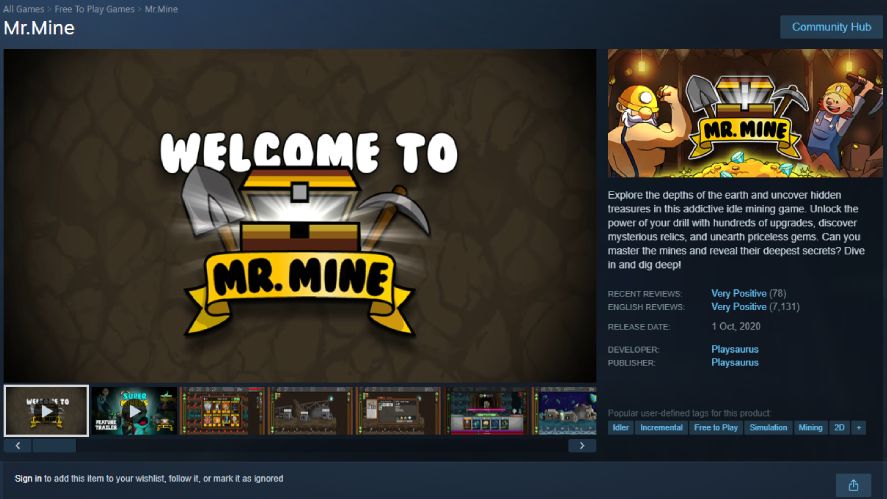 Steam store page for Mr. Mine, displaying the game's header trailer, user review ratings, release date, and developer Playsaurus.