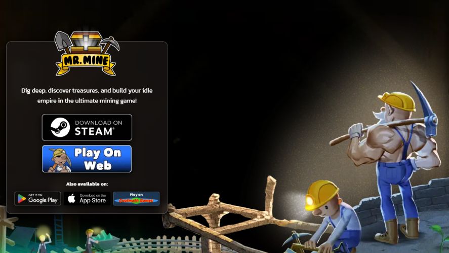 Promotional landing graphic for Mr. Mine featuring miner characters and platform availability buttons including Steam, Web, Google Play, App Store, and Coolmath Games.