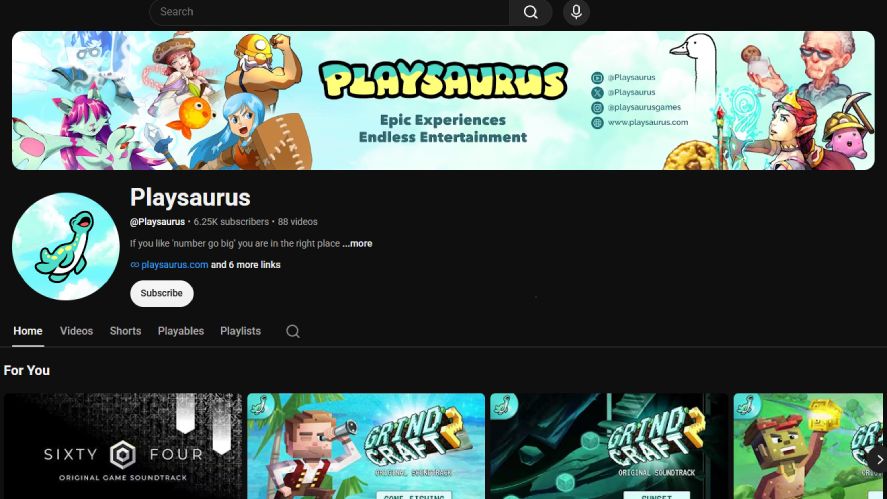 YouTube channel homepage for publisher Playsaurus (@Playsaurus), featuring banner artwork of various idle game characters and video uploads.