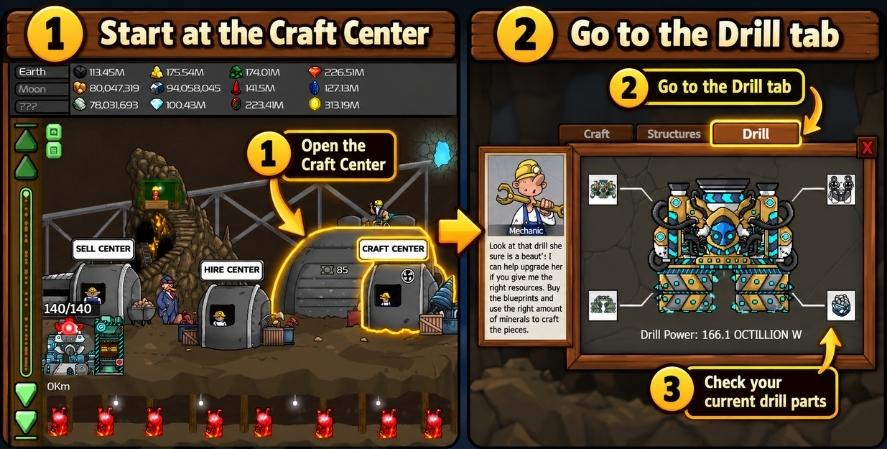 Mr. Mine Craft Center tutorial showing how to open the Drill tab and check current drill parts and drilling power.