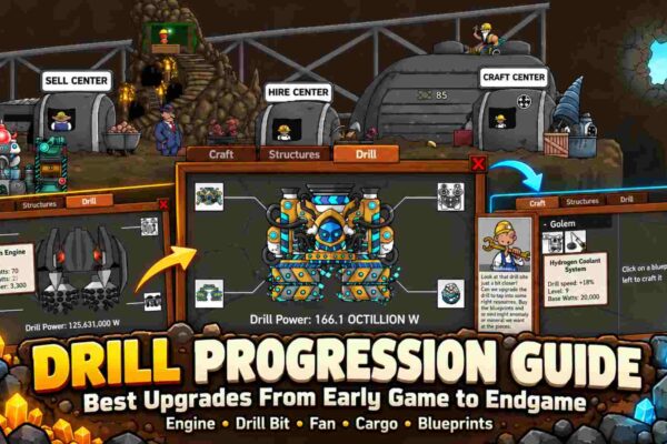Mr. Mine Drill Progression Guide featuring the Craft Center, drill upgrades, Fission Engine, and Golem blueprints from early game to endgame.