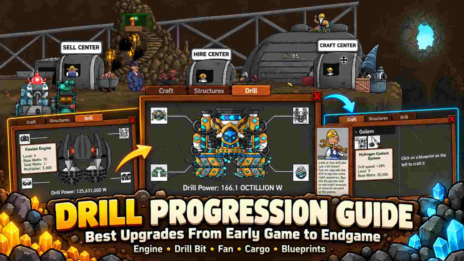 Mr. Mine Drill Progression Guide featuring the Craft Center, drill upgrades, Fission Engine, and Golem blueprints from early game to endgame.