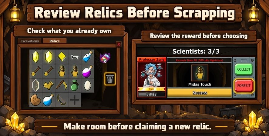 Mr. Mine relic inventory beside Professor Zany’s completed Midas Touch excavation, with trash, COLLECT, and FORFEIT controls visible.