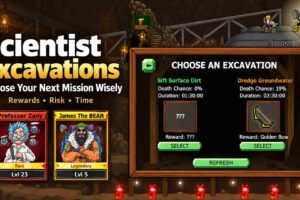Mr. Mine Scientist Excavations guide featuring Professor Zany, James The BEAR, and mission choices with different rewards, death risks, and durations.