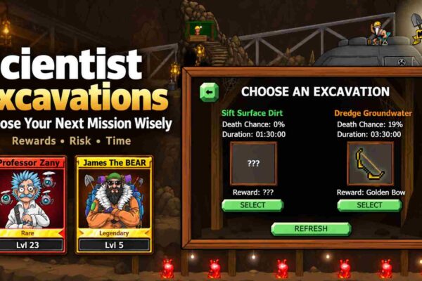 Mr. Mine Scientist Excavations guide featuring Professor Zany, James The BEAR, and mission choices with different rewards, death risks, and durations.