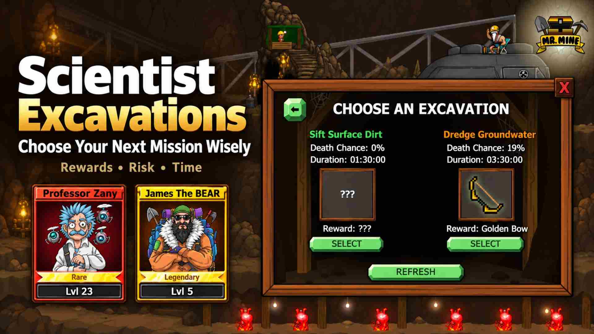Mr. Mine Scientist Excavations guide featuring Professor Zany, James The BEAR, and mission choices with different rewards, death risks, and durations.