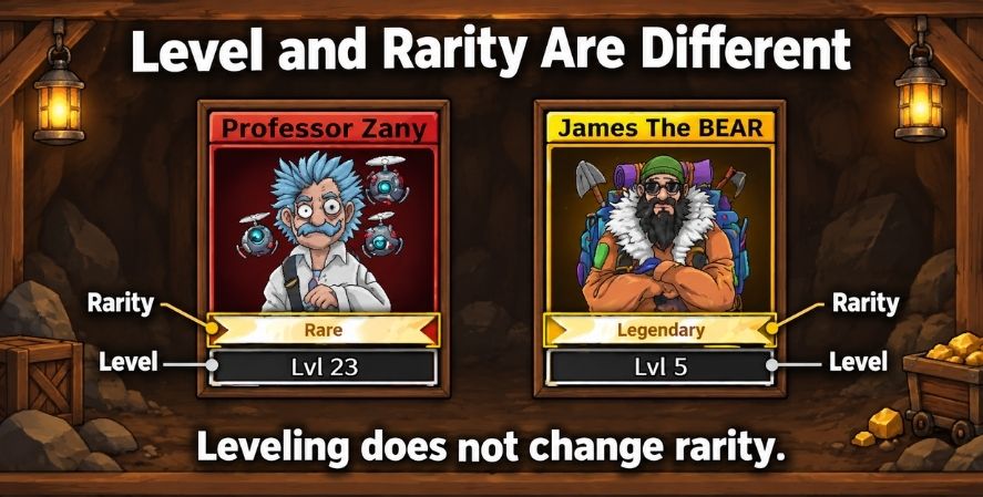 Professor Zany at Rare level 23 beside Legendary James The BEAR at level 5, showing that leveling does not change Scientist rarity.