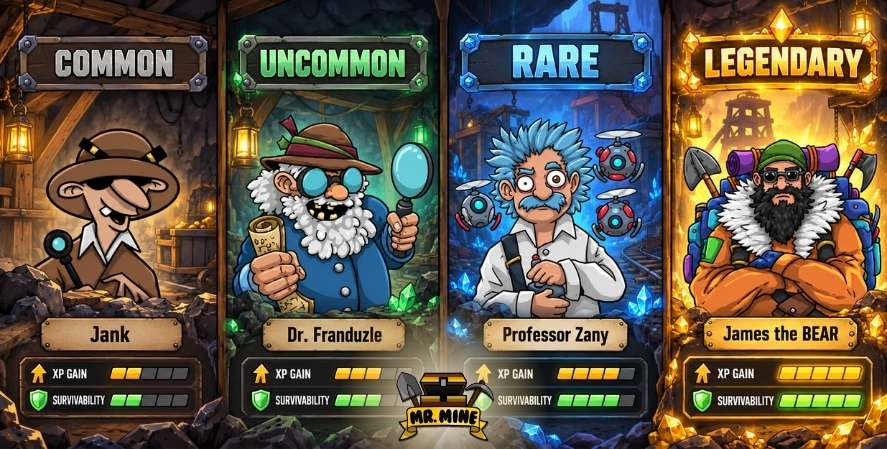 Mr. Mine Scientist rarities comparison showing Common, Uncommon, Rare, and Legendary tiers