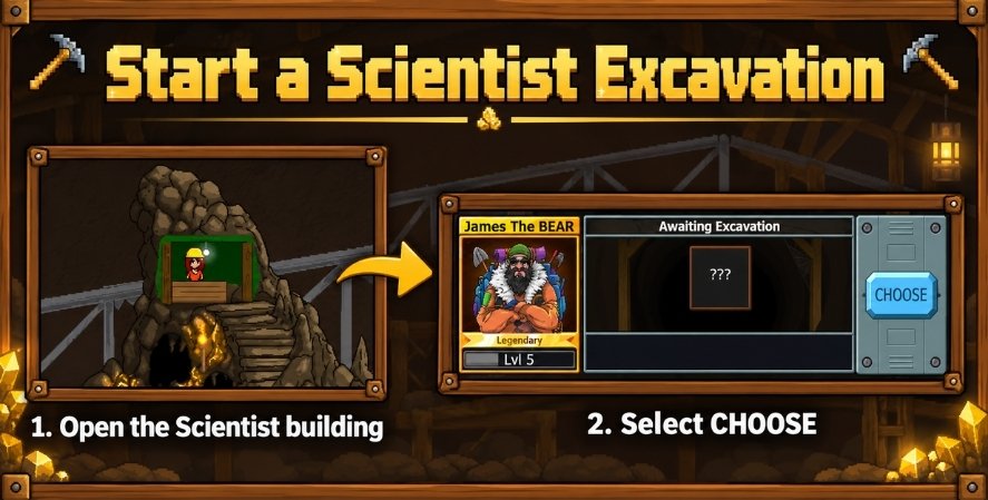 Mr. Mine Scientist building and James The BEAR’s excavation panel, showing the CHOOSE button to start a mission.
